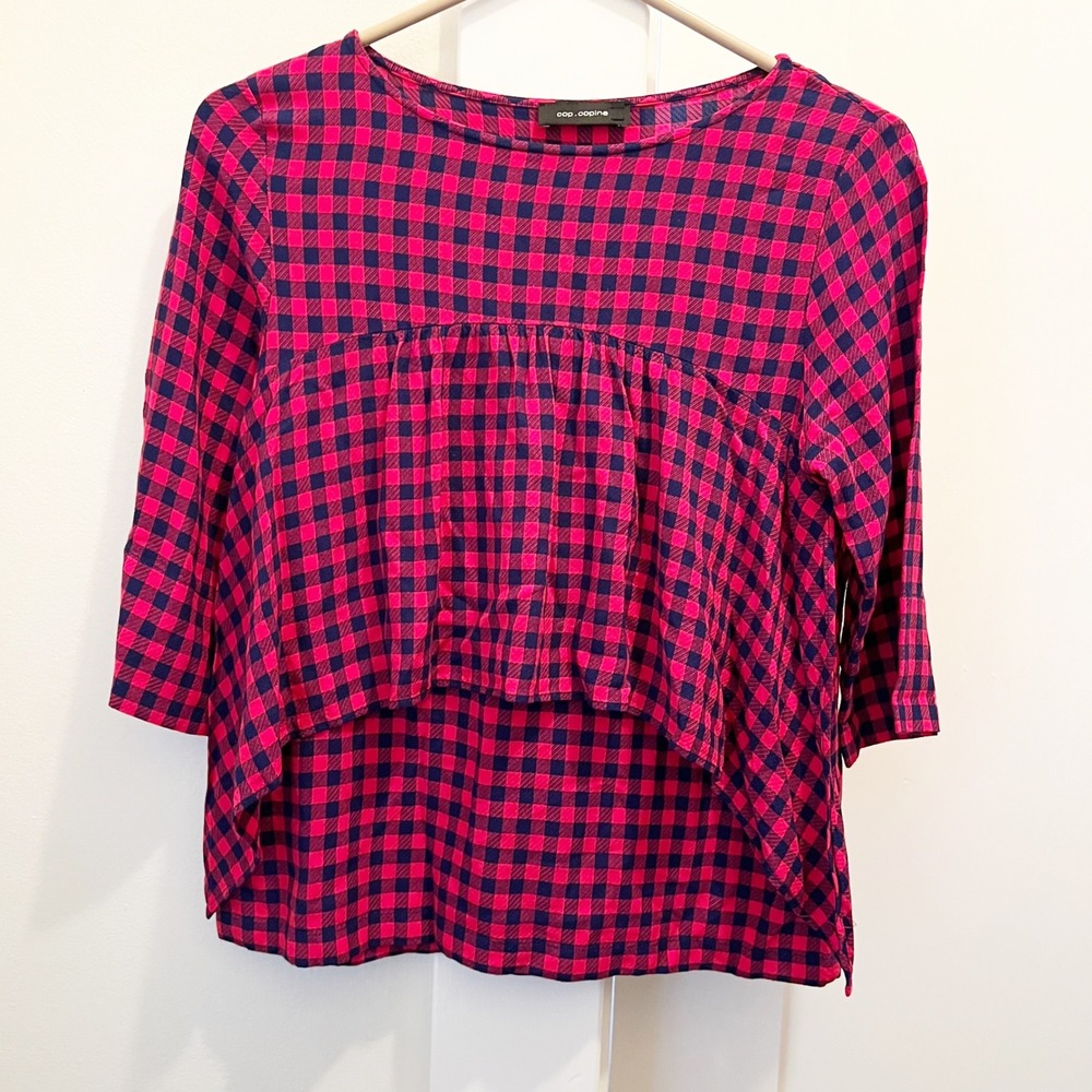 Cop Copine Avetabis Blouse Size 36 Plaid Gingham Check Ruffle Layered